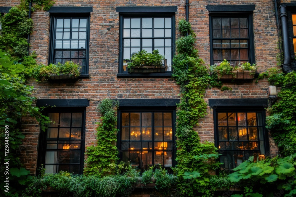 Fototapeta premium A historic brick building adorned with lush ivy and colorful window boxes stands out with its charming architecture, creating a picturesque scene in an urban setting as twilight descends