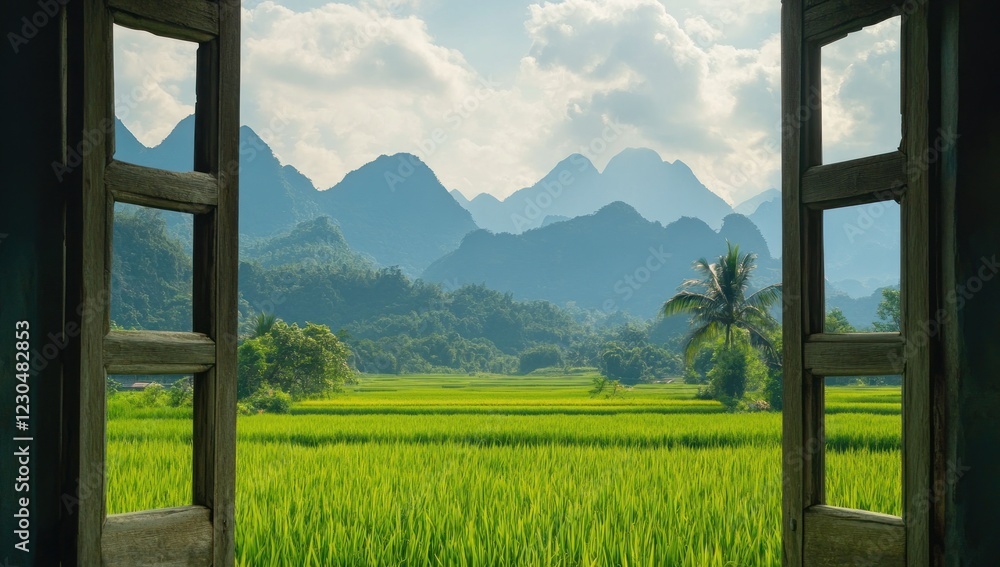 Fototapeta premium Serene Mountain View from Rustic Window