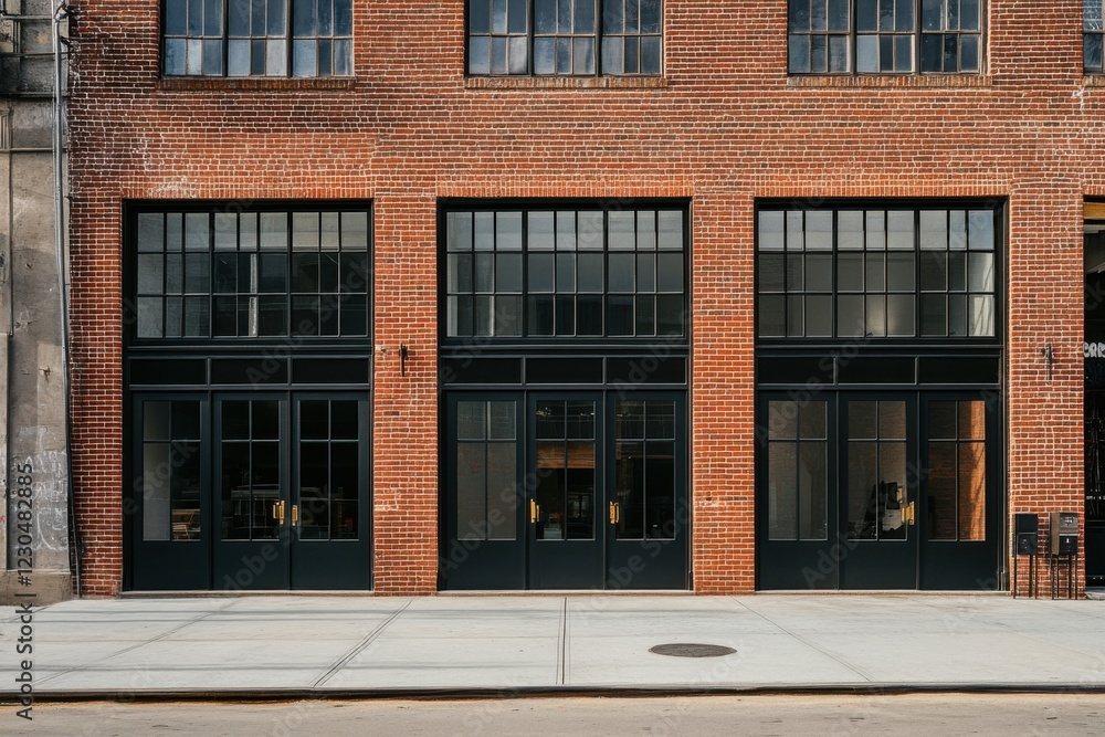 The urban architecture boasts a striking red brick facade complemented by expansive glass windows, all set against a bustling modern commercial district under the bright daylight The urban architecture boasts a striking red brick facade complemented by expansive glass windows, all set against a bustling modern commercial district under the bright daylight
