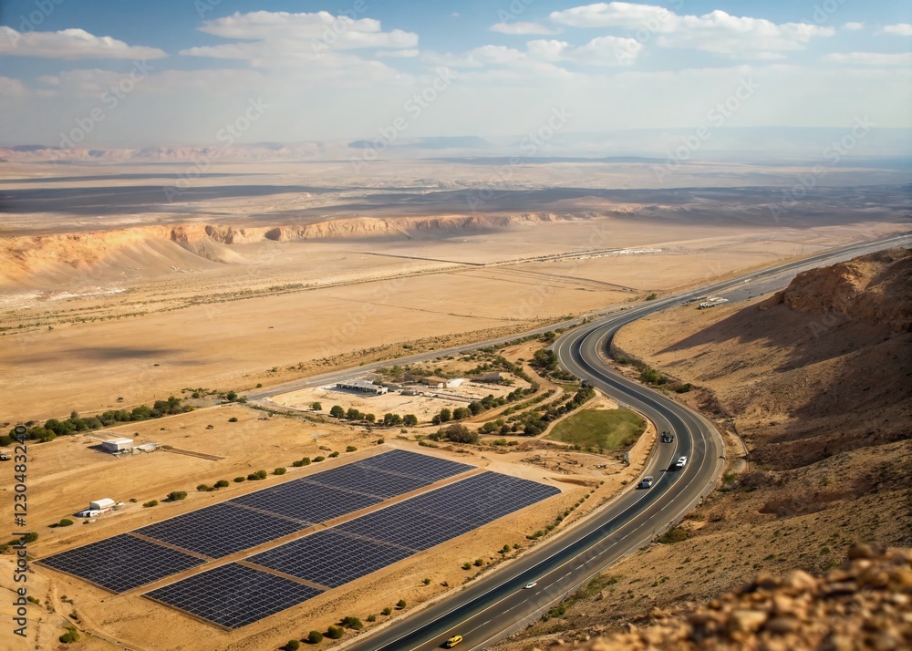Fototapeta premium Tilt-Shift Aerial Panorama: Makhtesh Ramon Solar Farm & Highway to Eilat