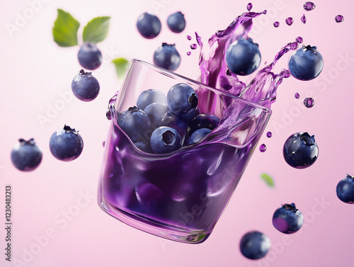 Blueberry Kissel in a Glass with Dynamic Splash and Floating Berries on a Soft Pink Background