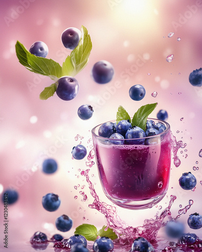 Blueberry Kissel with Fresh Berries and Mint Floating in a Glass with a Splash Effect