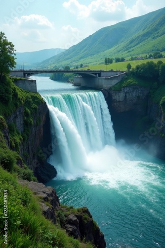Water pours over a green dam in a serene landscape, hydroelectric, waterfalls
