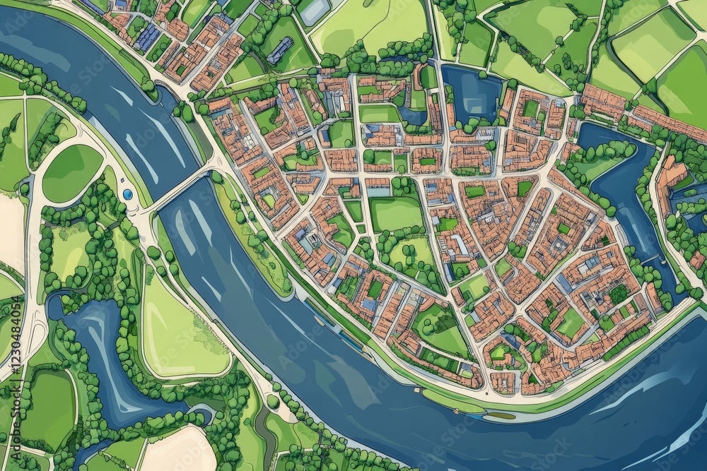 Detailed bird's-eye view of a riverside town with winding streets and green spaces in summer Detailed bird's-eye view of a riverside town with winding streets and green spaces in summer