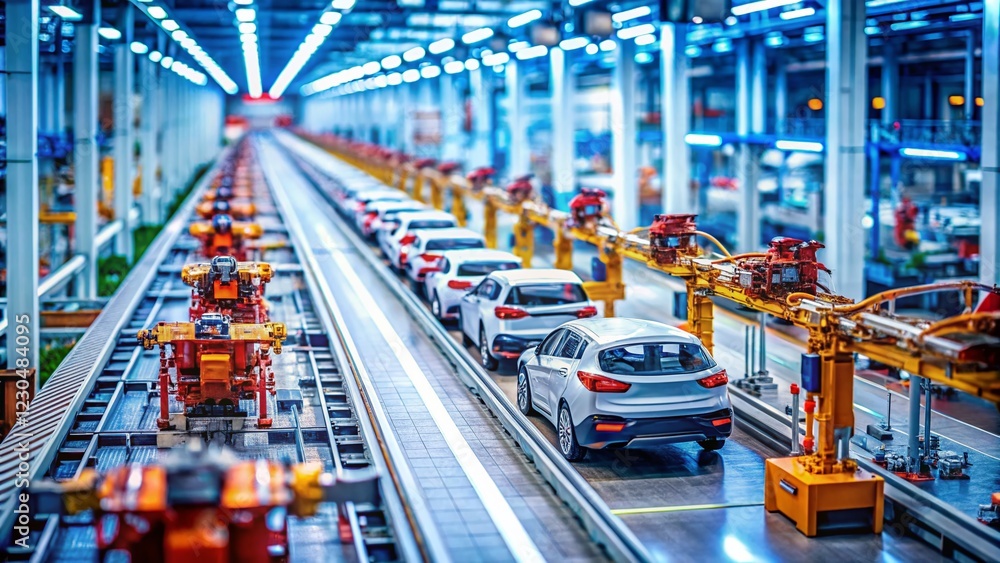 Tilt-Shift Photography: Advanced Automated Electric Vehicle Factory Production Line Tilt-Shift Photography: Advanced Automated Electric Vehicle Factory Production Line