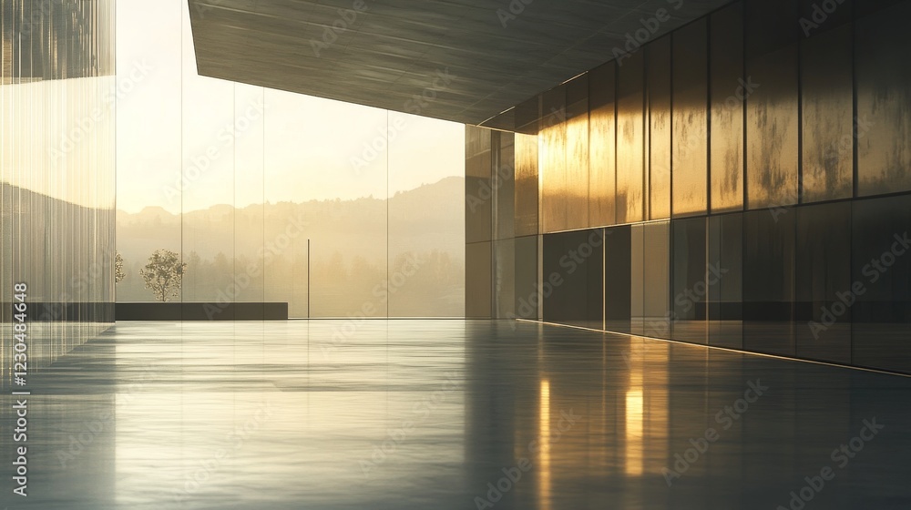 Horizontal view of empty cement floor with steel and glass modern building exterior. Early morning scene. Photorealistic 3D rendering. Horizontal view of empty cement floor with steel and glass modern building exterior. Early morning scene. Photorealistic 3D rendering.
