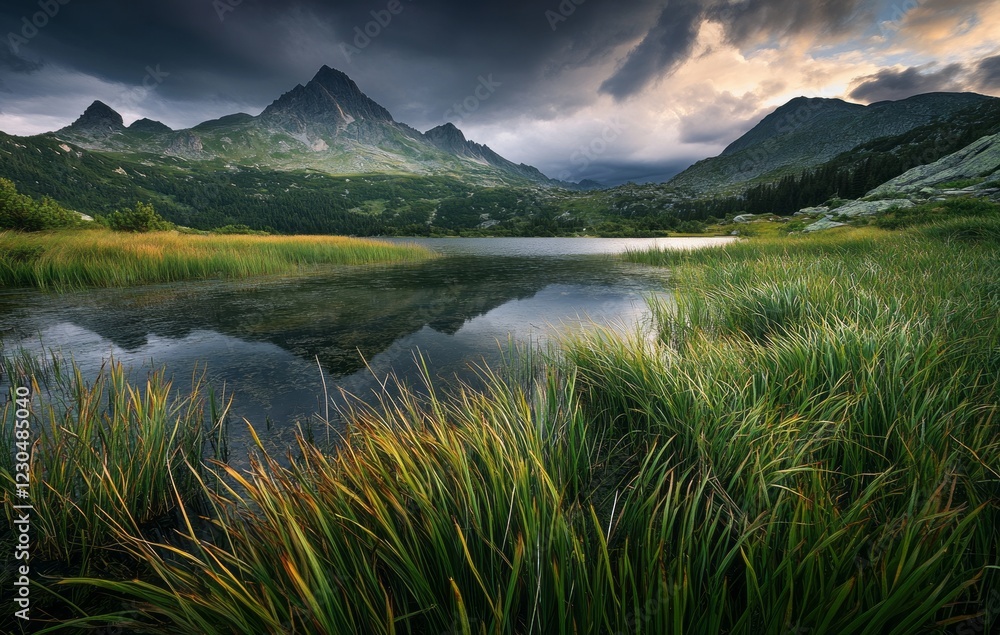 A breathtaking mountain landscape unfolds, showcasing a serene lake bordered by lush, vibrant grasses beneath a moody, cloudy evening sky