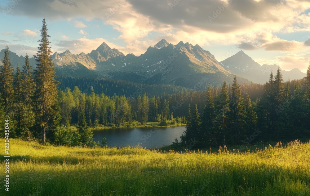 Majestic mountains surrounded by lush forests and a serene lake at sunset near a tranquil landscape in nature