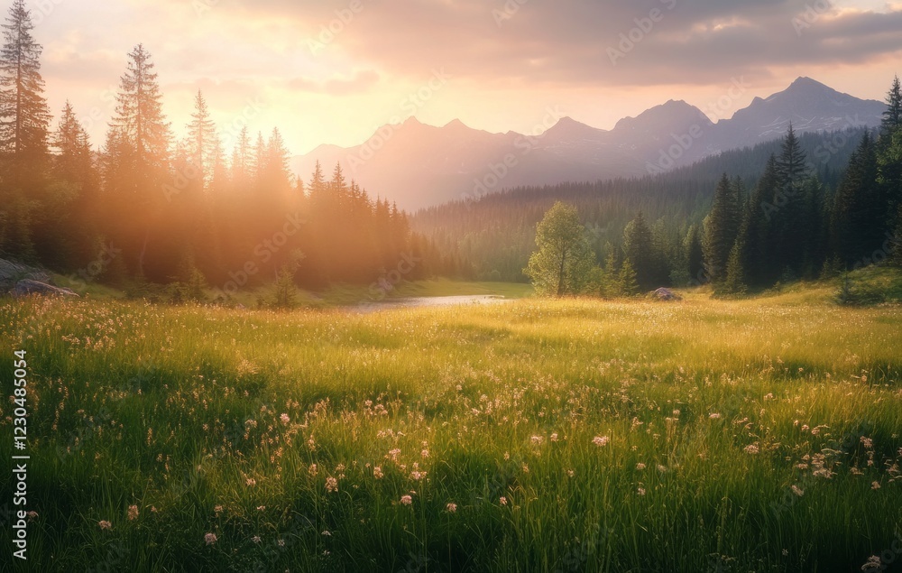 Serene sunset over a tranquil meadow with mountains in the background and dense forest in the foreground