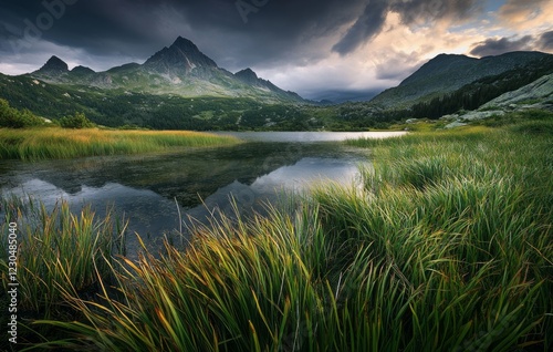 Obraz na płótnie A breathtaking mountain landscape unfolds, showcasing a serene lake bordered by lush, vibrant grasses beneath a moody, cloudy evening sky w salonie