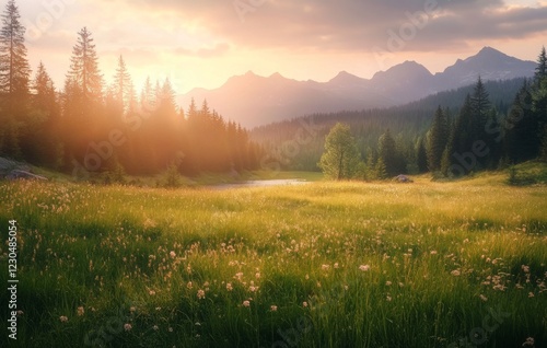 Obraz na płótnie Serene sunset over a tranquil meadow with mountains in the background and dense forest in the foreground w salonie