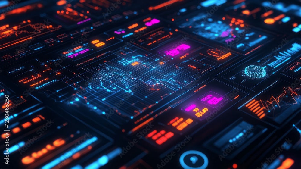 Futuristic digital interface displays data analytics, graphs, and charts with glowing neon colors. Futuristic digital interface displays data analytics, graphs, and charts with glowing neon colors.