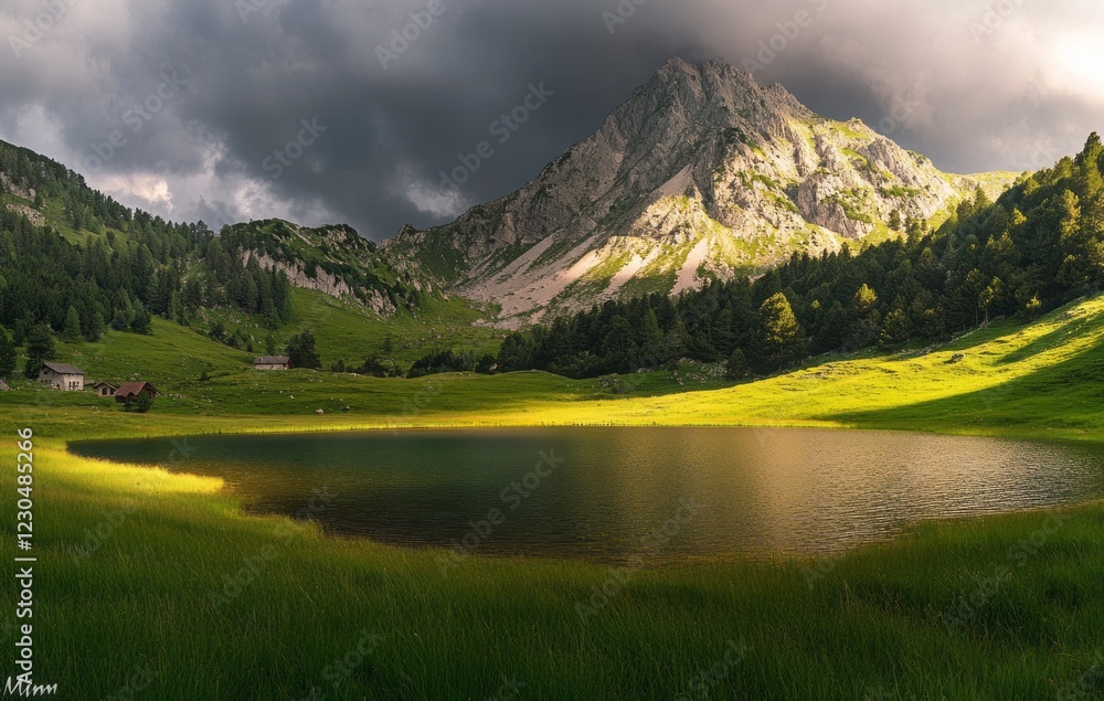 A picturesque view of a cloudy mountain landscape showcases a tranquil lake surrounded by lush green meadows during the peaceful late afternoon hours