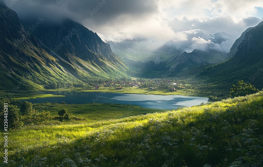 Stunning valley landscape illuminated by soft sunlight with a tranquil lake and distant mountains during early morning hours