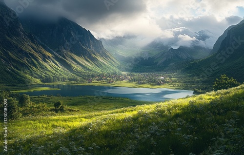 Obraz na płótnie Stunning valley landscape illuminated by soft sunlight with a tranquil lake and distant mountains during early morning hours w salonie