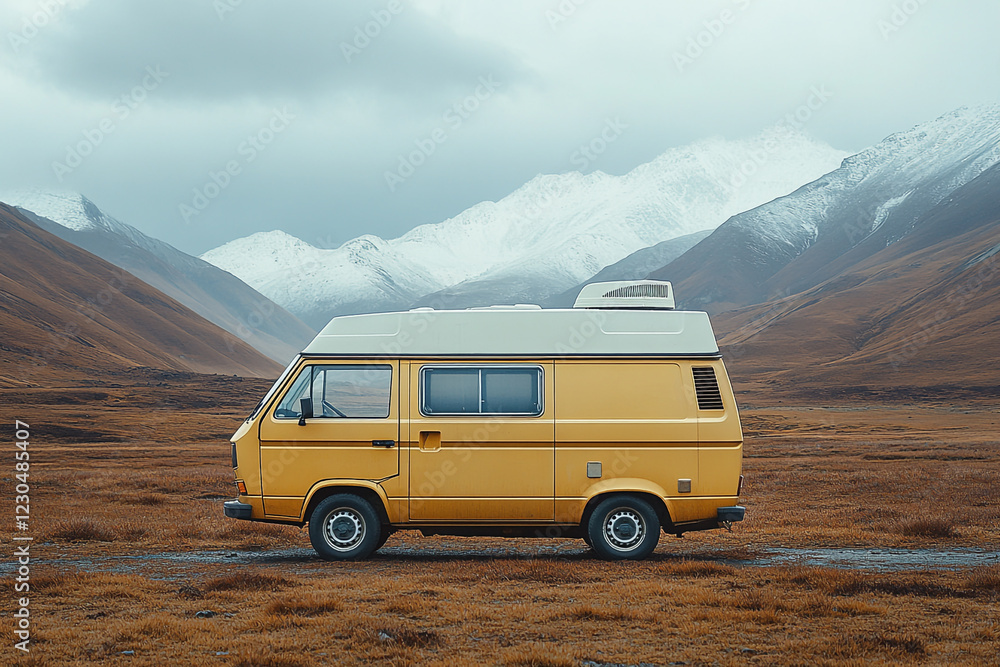 Yellow Camper Van Parked in Mountain Valley Yellow Camper Van Parked in Mountain Valley