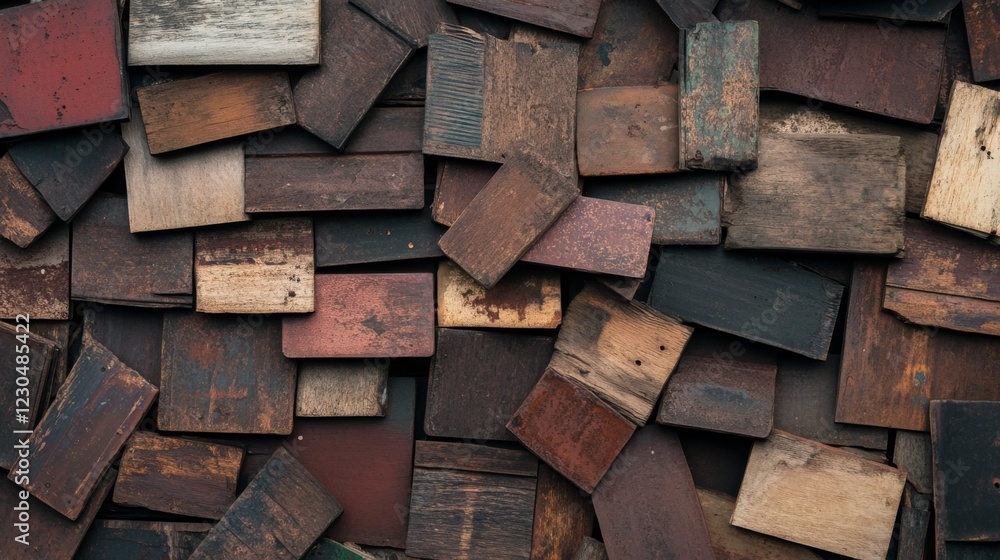 Close-up of a pile of various-sized, aged, and colored wooden rectangles. Close-up of a pile of various-sized, aged, and colored wooden rectangles.