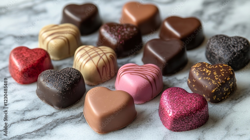Heart-shaped Valentine's Day chocolates in a collection. Heart-shaped Valentine's Day chocolates in a collection.