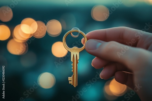 Hand holding a golden key against a backdrop of blurred city lights during twilight photo