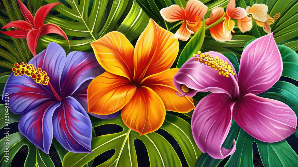 Fototapeta premium Vibrant tropical flowers in various colors, surrounded by lush green leaves, create lively and exotic atmosphere. This artwork captures beauty of nature palette