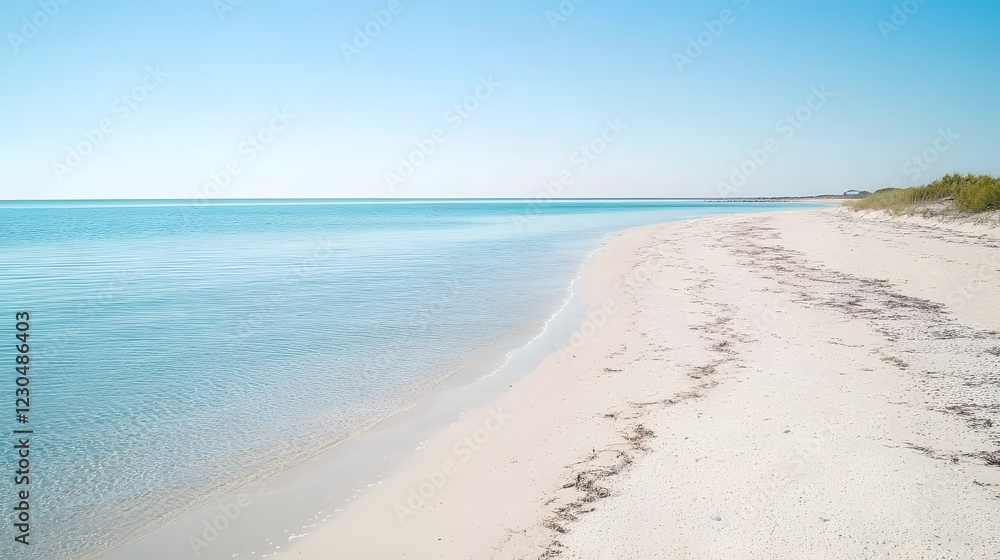 Obraz premium Serene Beach Landscape, Clear Water, White Sand, and Blue Sky