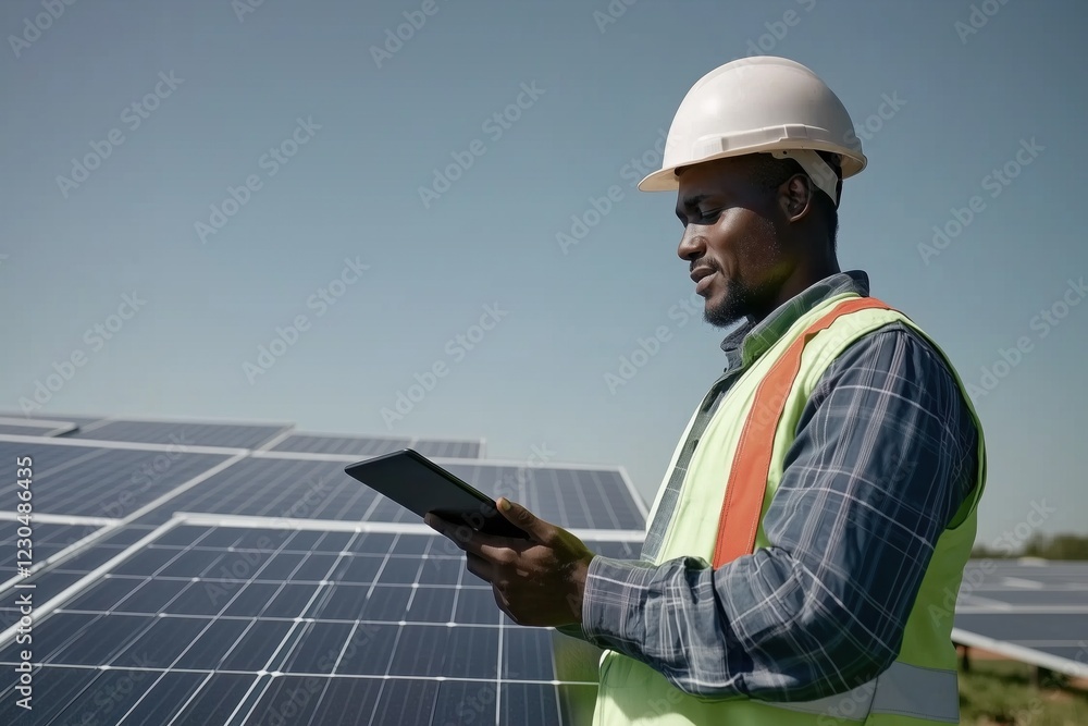 Worker in high-visibility vest examining solar panel setup at renewable energy site. Focus on inspecting technology for efficient energy conversion Worker in high-visibility vest examining solar panel setup at renewable energy site. Focus on inspecting technology for efficient energy conversion