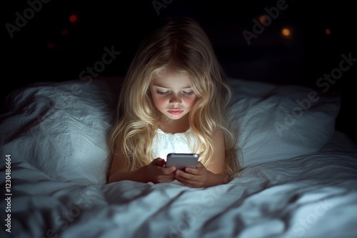 Little girl in bed looking at her phone at night in the dark,ai generated