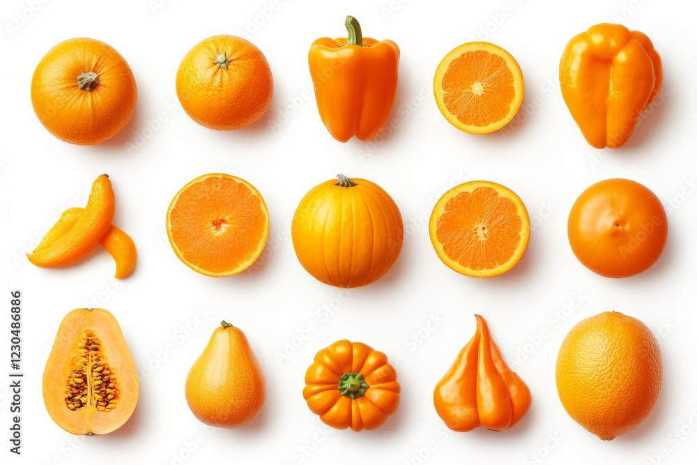 Bright assortment of orange fruits and vegetables arranged on white background showcasing culinary diversity and seasonal colors Bright assortment of orange fruits and vegetables arranged on white background showcasing culinary diversity and seasonal colors