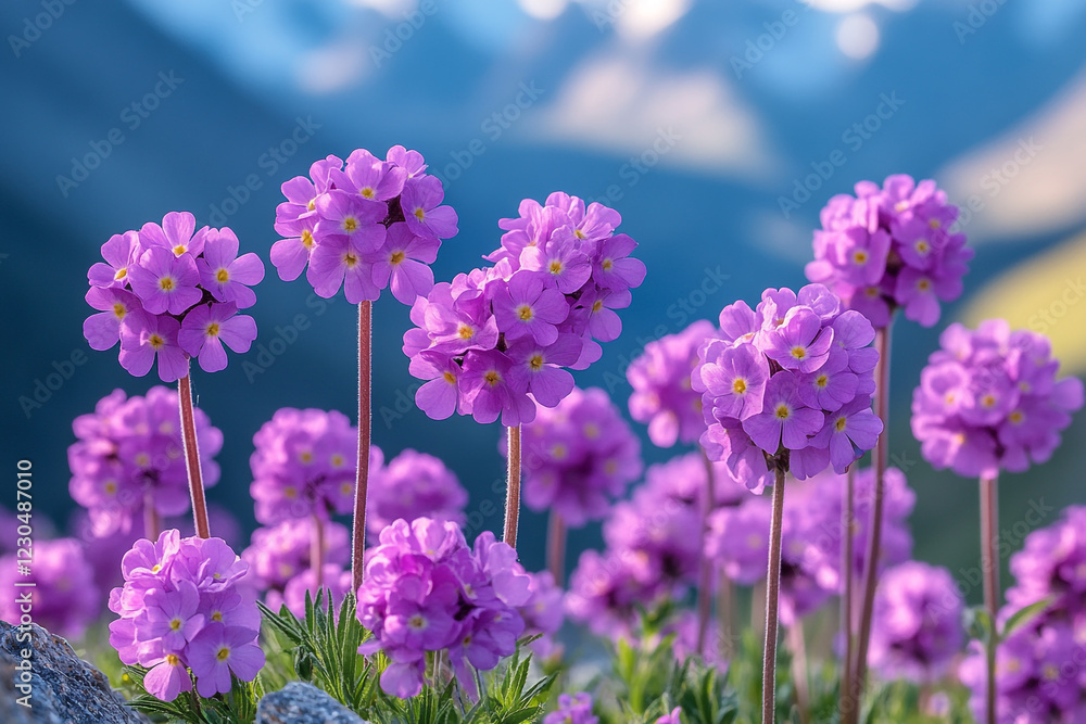 Obraz premium Purple Alpine Flowers Bloom Abundantly In Mountain Meadow