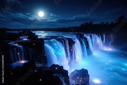 Beneath a bright full moon, a majestic waterfall flows powerfully over rocky ledges. Glowing lights illuminate the water's surface, creating a mystical atmosphere at night