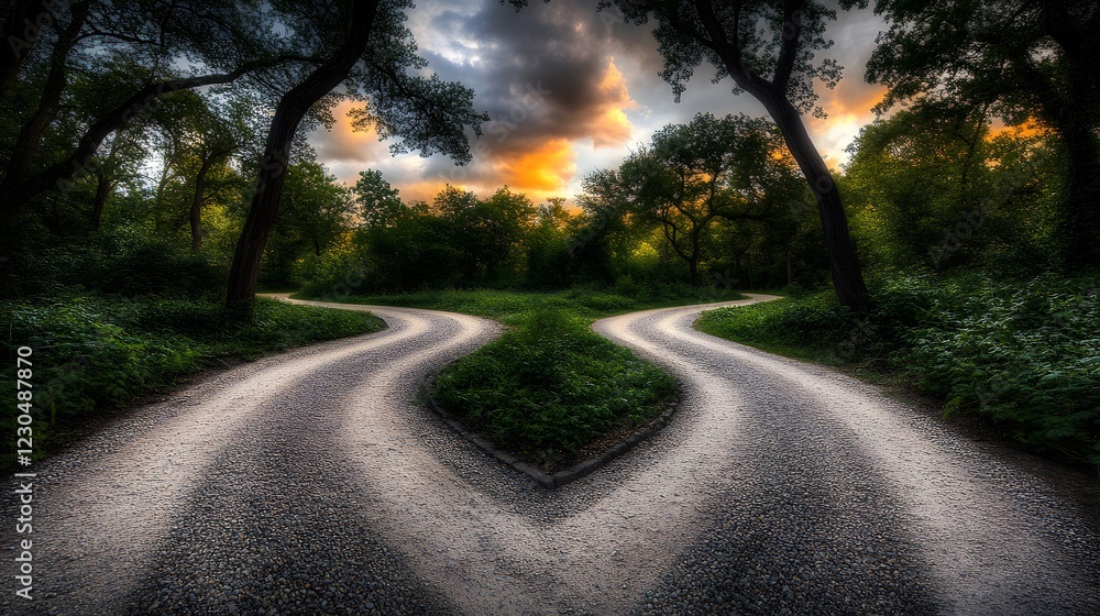 Fototapeta premium Serene Forest Path Splitting into Two Directions at Sunset