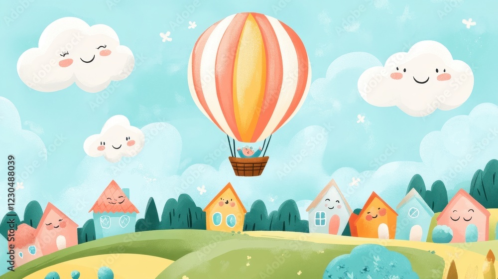 Happy Hot Air Balloon Ride Over Smiling Houses Happy Hot Air Balloon Ride Over Smiling Houses