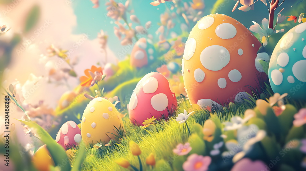 Fototapeta premium Happy Orthodox Easter, background with cute eggs, colorful festive decorations,traditional symbols, spring flowers, joyful holiday vibes, and a cheerful atmosphere for a beautiful gorgeous celebration