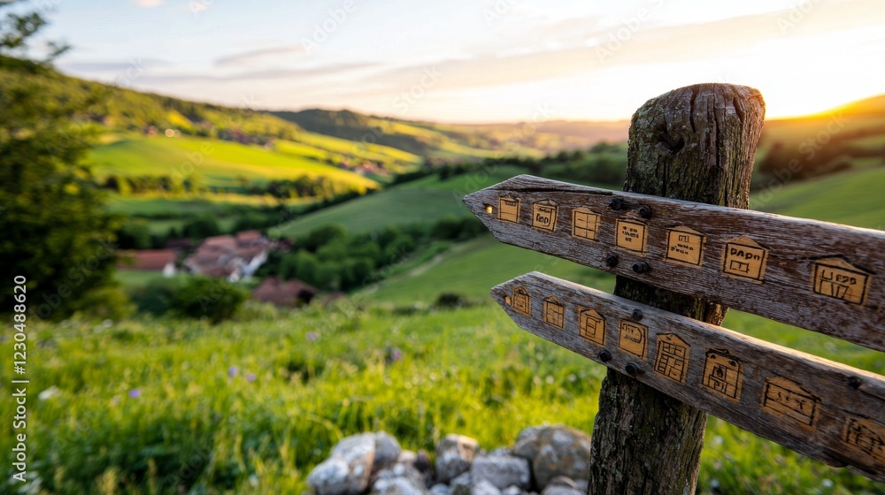 Obraz premium Scenic View with Directional Signpost at Sunset in Green Landscape