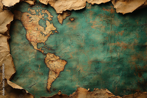 Antique World Map Showing Americas Framed By Torn Paper