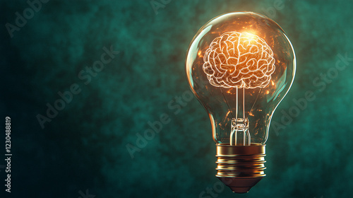 Human Brain Inside Illuminated Lightbulb Isolated on Green