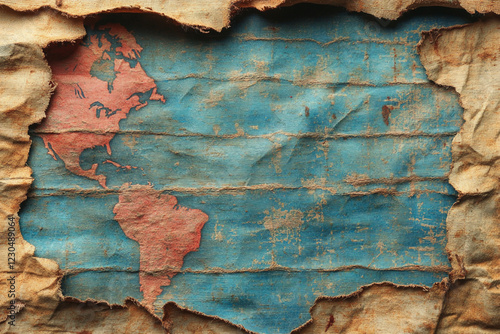 Americas Map on Torn and Aged Fabric