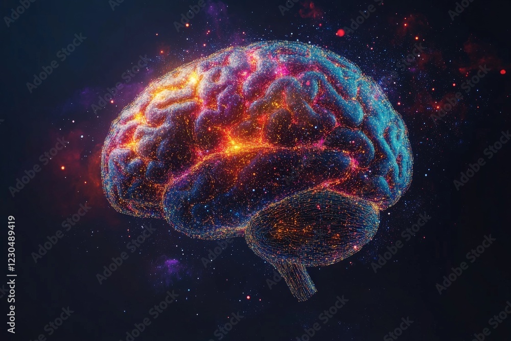 Colorful abstract representation of a brain illuminated by cosmic elements in a dark background Colorful abstract representation of a brain illuminated by cosmic elements in a dark background
