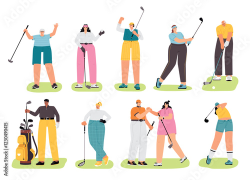 Happy golf players. Cute people with clubs congratulate each other on good game, rolling ball into hole on green field, sport, vector set