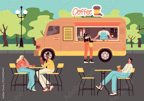 Happy people in outdoor cafe. Street food on wheels, track with hot drinks, coffee shop visitors relax in city park, vector illustration