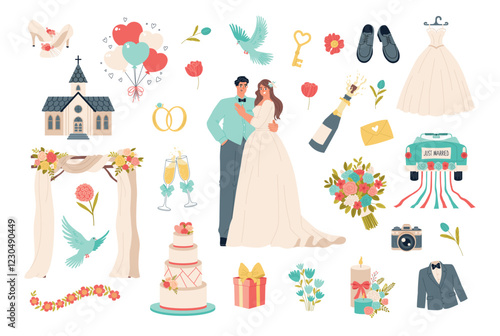 Happy newlyweds and wedding elements. Hugging couple, bride, groom, romantic accessories, rings, flowers bouquet, arch, church, vector set