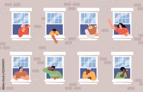 Happy housemates. People look out of windows of apartments, guys and girls wave hands, watching from shelter, curious neighbor, vector set