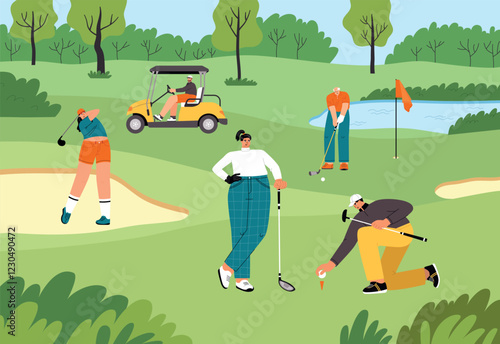 Happy people play golf on the green fields. Cute players roll balls into holes, cartoon golf club members with clubs, vector concept