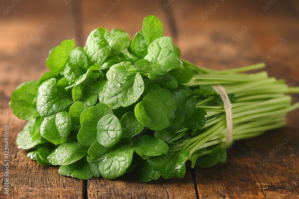 Fresh Watercress Bunch on Rustic Wooden Surface Fresh Watercress Bunch on Rustic Wooden Surface