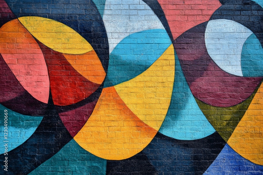 Fototapeta premium Colorful abstract mural on a brick wall featuring vibrant shapes and patterns in an urban setting