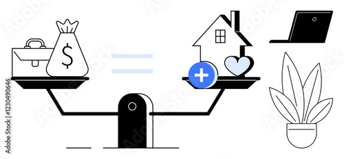 Scale with money and briefcase on the left balanced by house, heart, and health symbol on the right. Laptop and plant beside. Ideal for work-life balance, financial planning, health and wellness