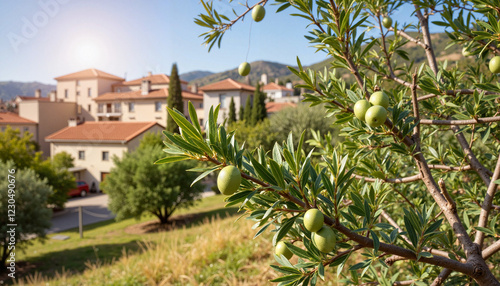 Olive tree with budding fruits in Mediterranean village, vibrant growth