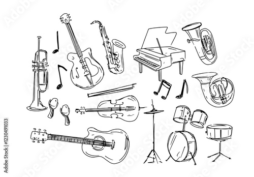 Musical instruments, set of illustrations, vector doodle