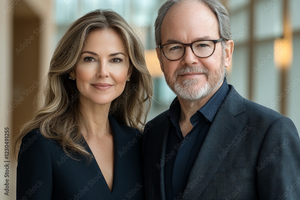 Professional portrait of a couple in a modern office setting with soft lighting and an elegant atmosphere Professional portrait of a couple in a modern office setting with soft lighting and an elegant atmosphere