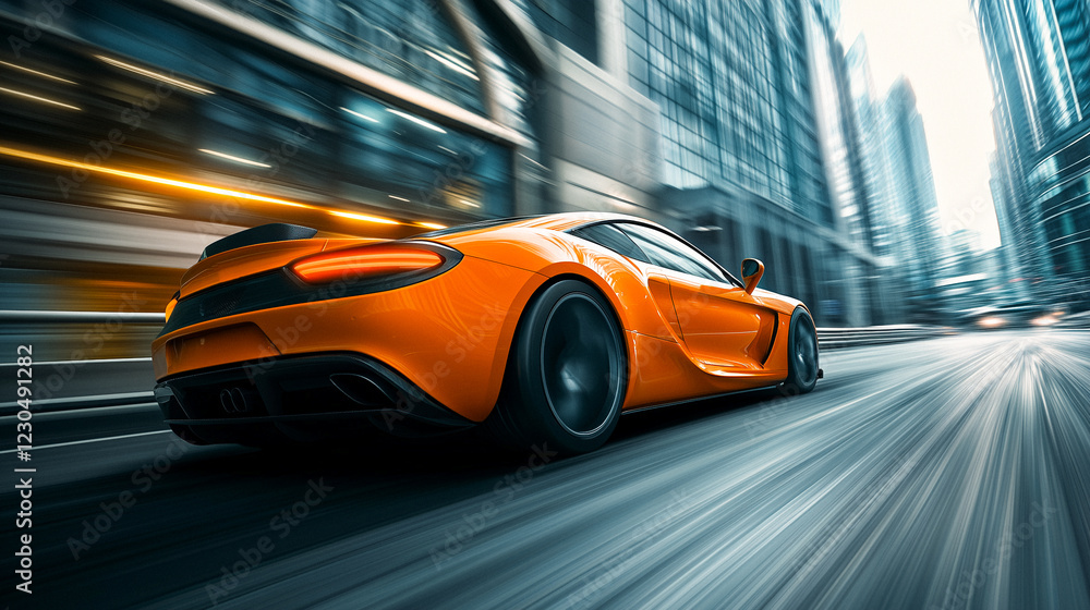 Fototapeta premium Orange Sports Car in Motion on City Street